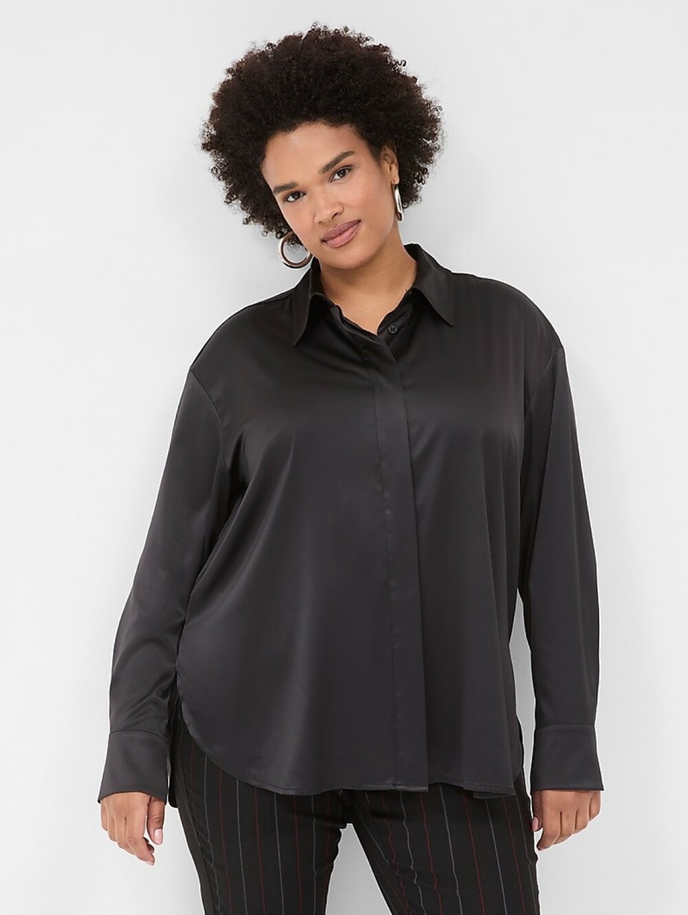 Lane Bryant "Black" Satin Button-Down Boyfriend Shirt sz 22